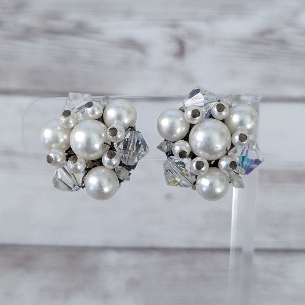 Vintage Clip On Earrings Faux Pearl & Iridescent Bead Cluster -Loose Clip